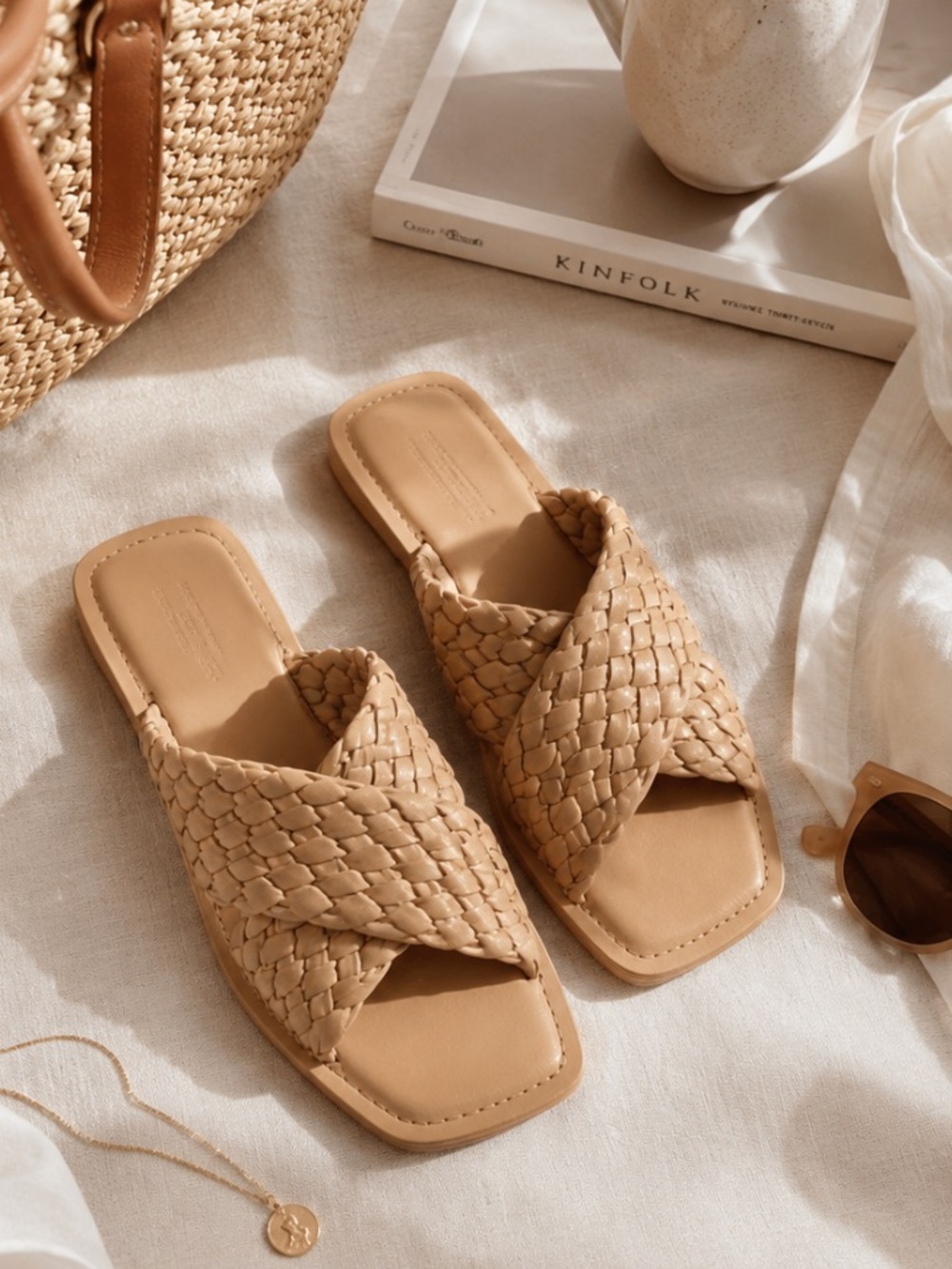 ARKET Woven Leather Sandals Tan Quiet Luxury Square Toe Slides EU 38”